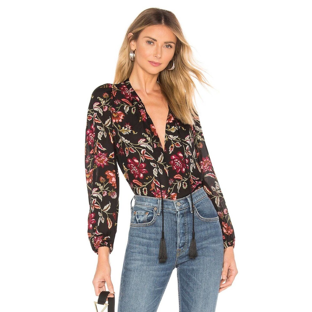 ALC Silk Floral Print Blouse Long Sleeve Royan Tassel Split Neck Black Womens 6